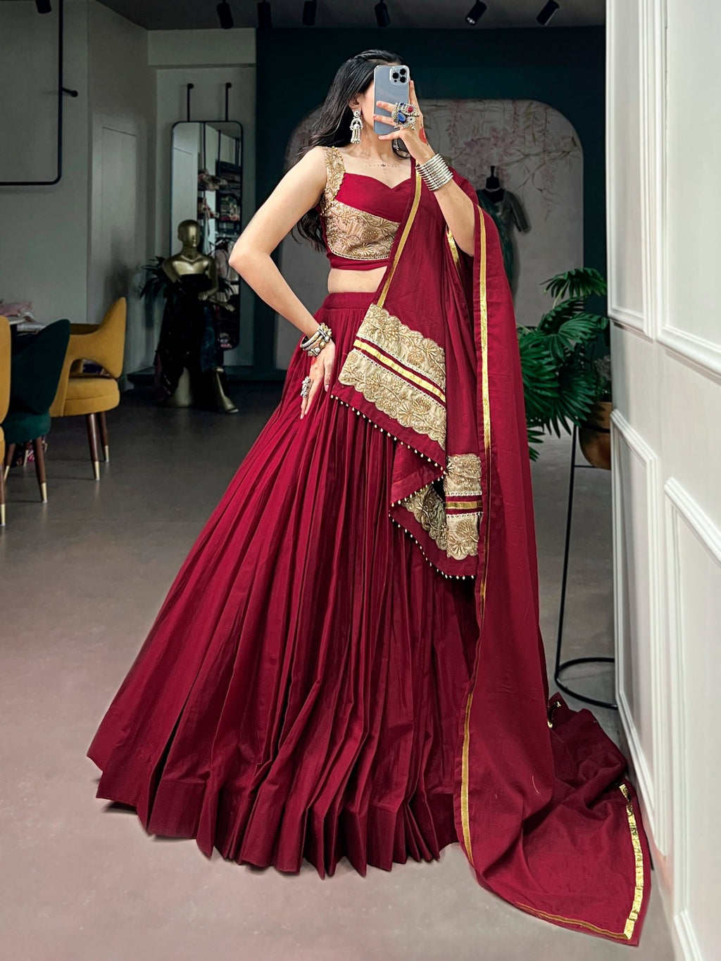 SM Mal Cotton Lehenga with Sequins & Thread Embroidered Blouse