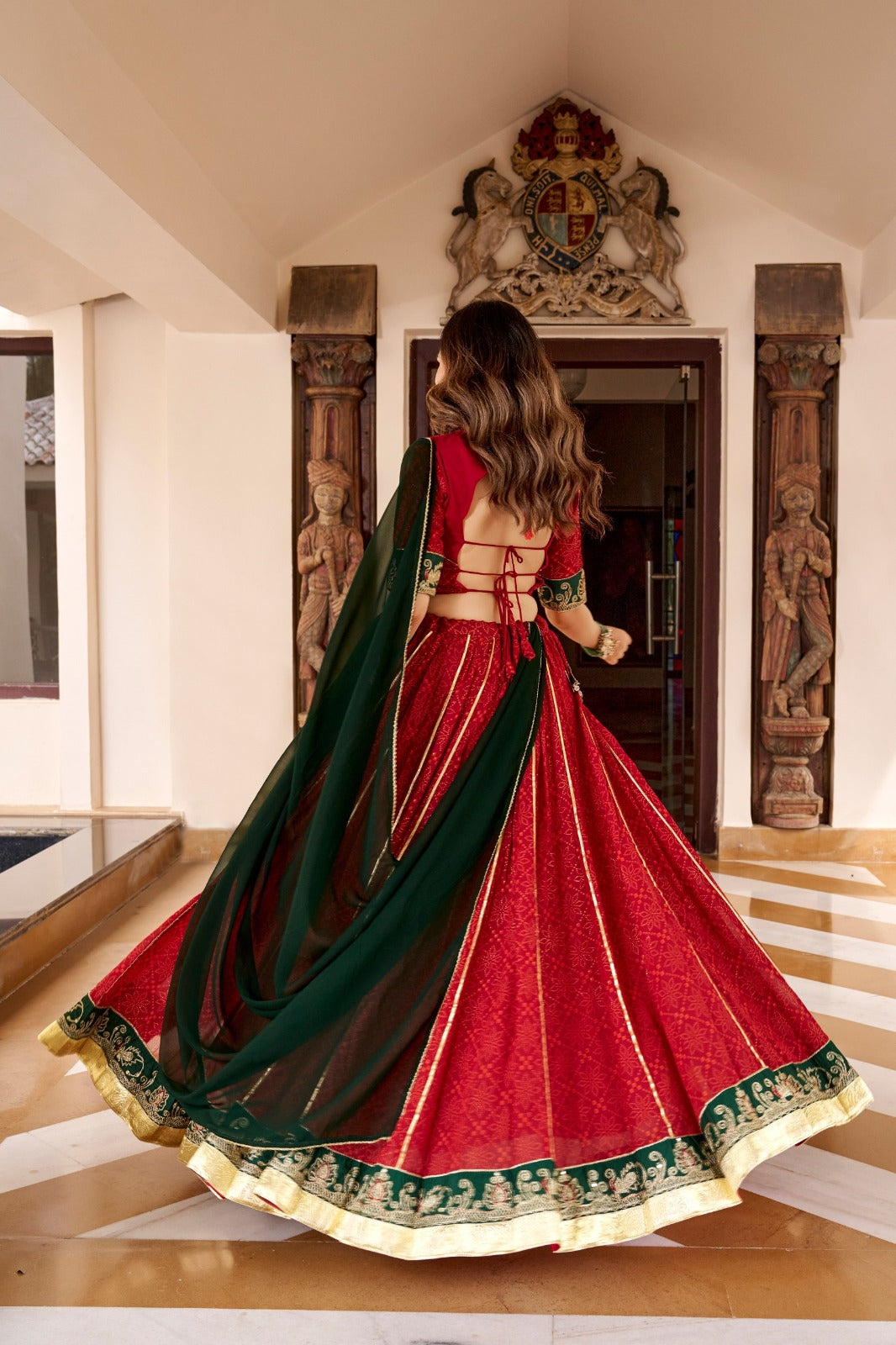 SM Georgette Bandhej Foil Print Lehenga with Mirror Lace Dupatta
