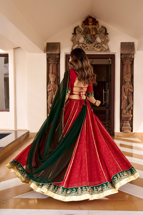 SM Georgette Bandhej Foil Print Lehenga with Mirror Lace Dupatta