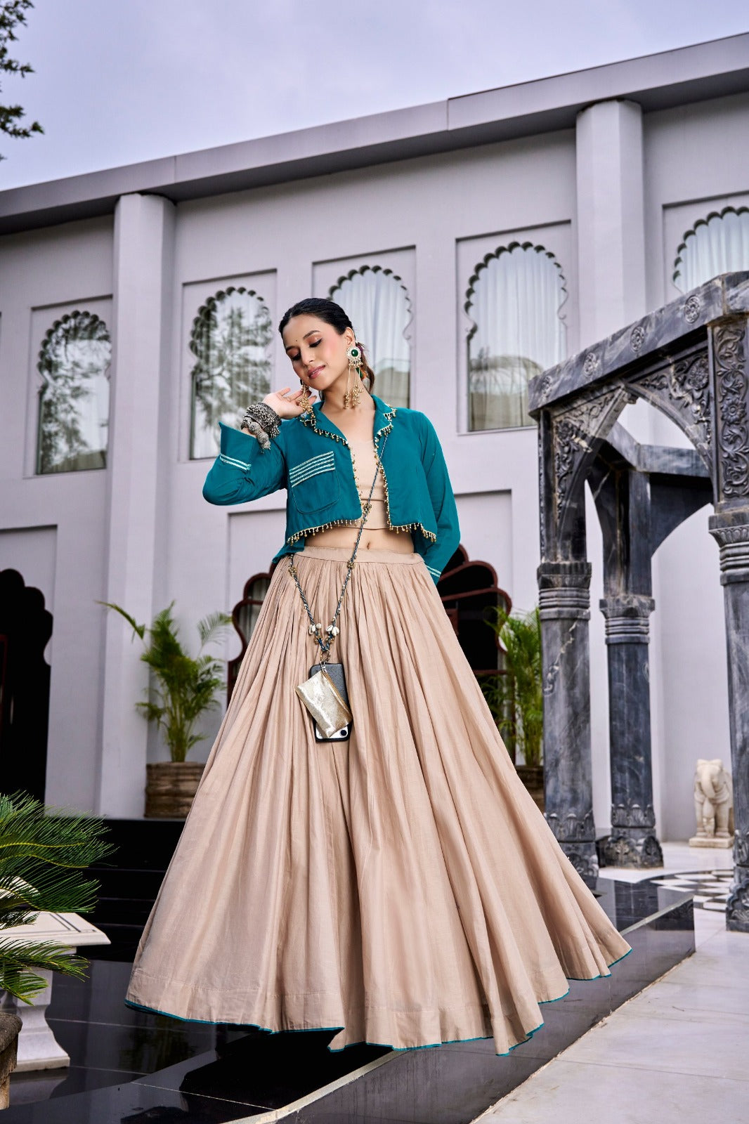 SM Pure Cotton Kashida & Gamthi Work Lehenga with Top & Purse