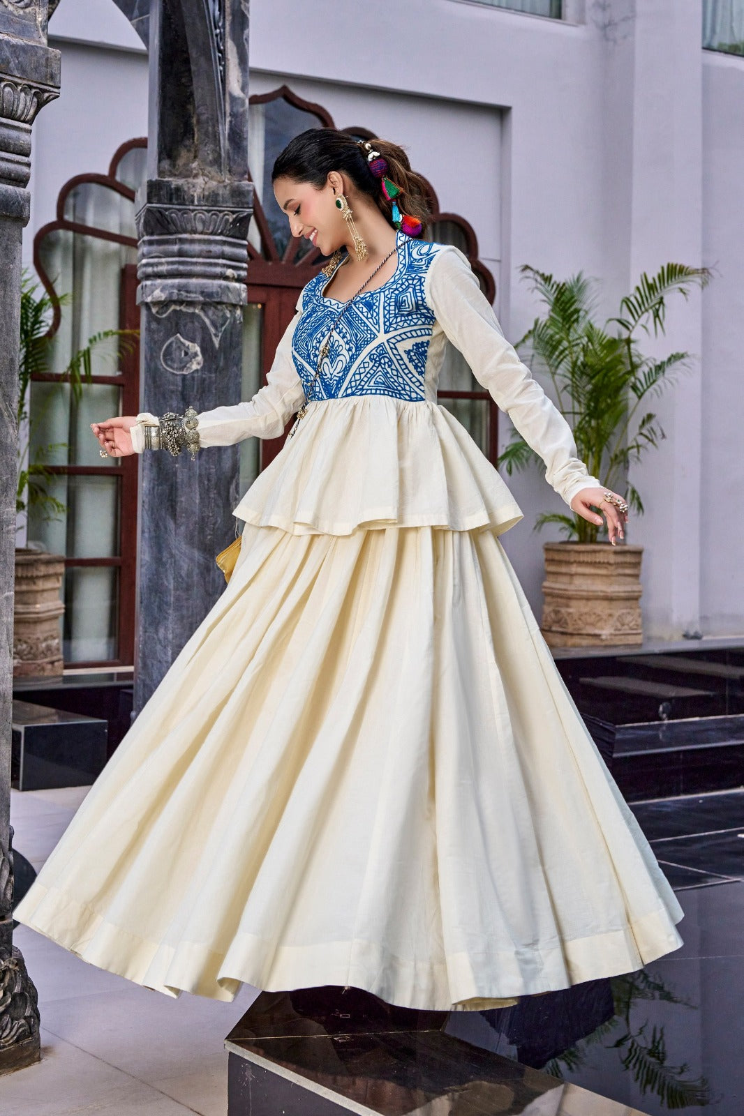 SM Pure Cotton Kashida & Gamthi Work Lehenga with Top & Purse