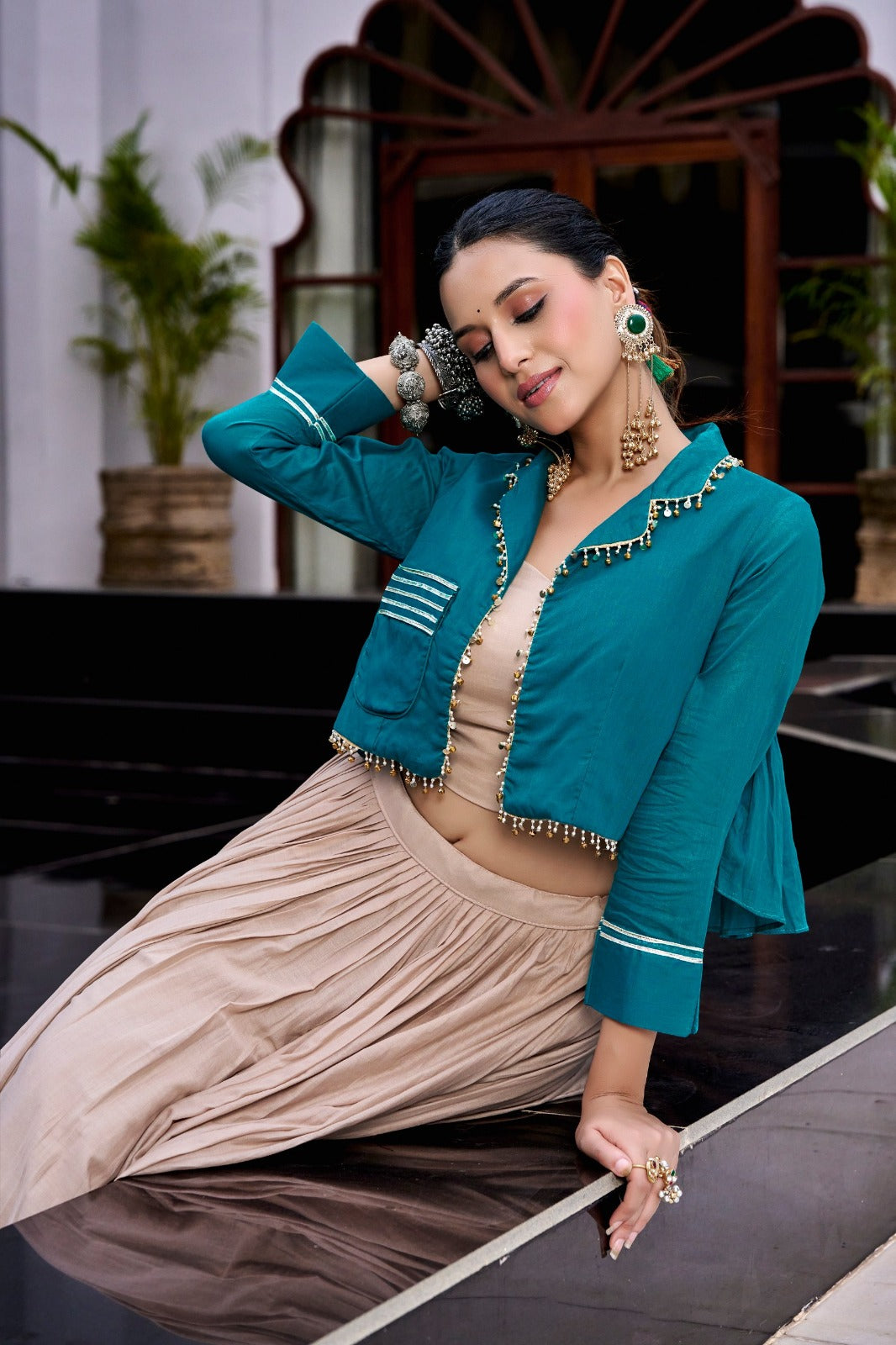 SM Pure Cotton Kashida & Gamthi Work Lehenga with Top & Purse