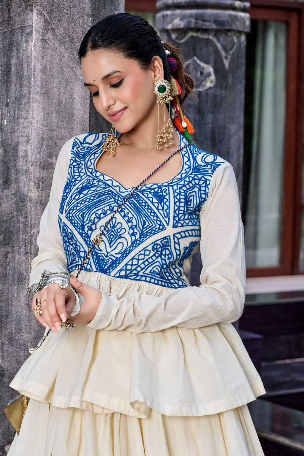 SM Pure Cotton Kashida & Gamthi Work Lehenga with Top & Purse