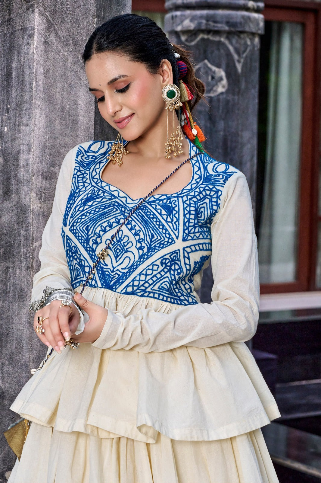 SM Pure Cotton Kashida & Gamthi Work Lehenga with Top & Purse