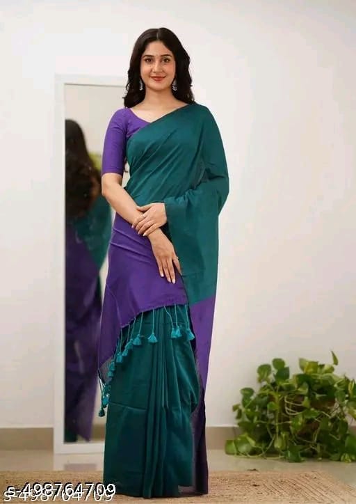 SM Women Khadi Cotton Solid Saree with Stitched Blouse