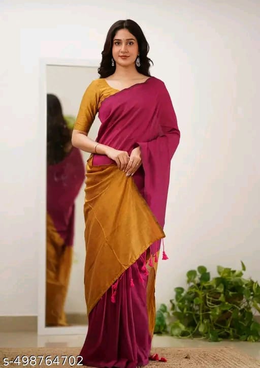 SM Women Khadi Cotton Solid Saree with Stitched Blouse