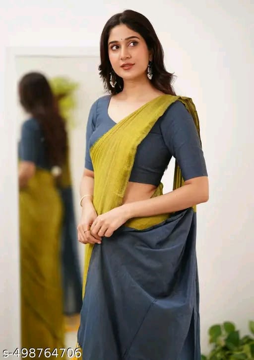 SM Women Khadi Cotton Solid Saree with Stitched Blouse
