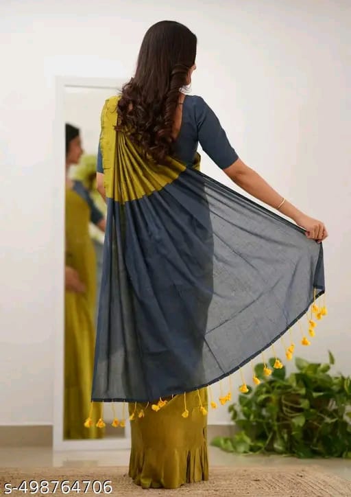 SM Women Khadi Cotton Solid Saree with Stitched Blouse