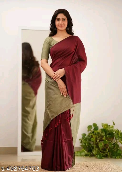 SM Women Khadi Cotton Solid Saree with Stitched Blouse