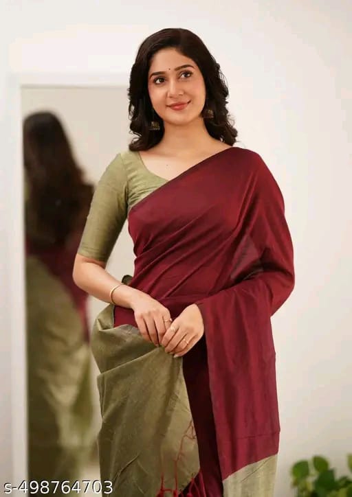 SM Women Khadi Cotton Solid Saree with Stitched Blouse