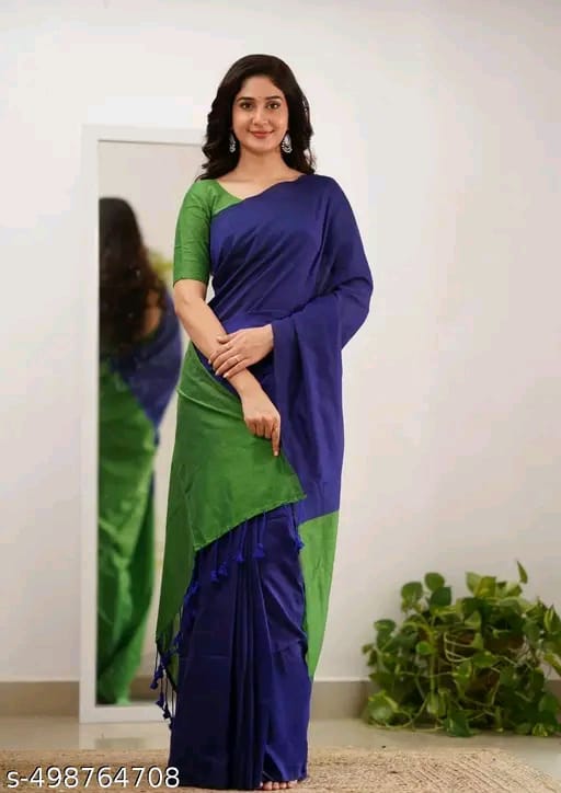 SM Women Khadi Cotton Solid Saree with Stitched Blouse
