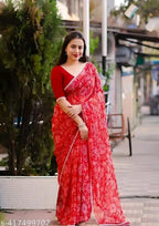 SM Women Georgette Printed Saree with Chiffon Blouse