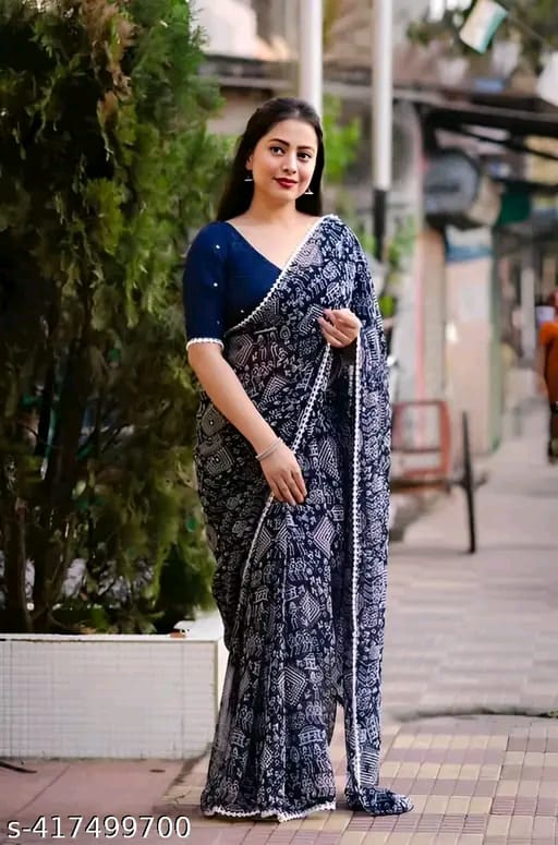 SM Women Georgette Printed Saree with Chiffon Blouse