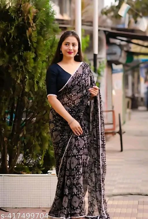 SM Women Georgette Printed Saree with Chiffon Blouse