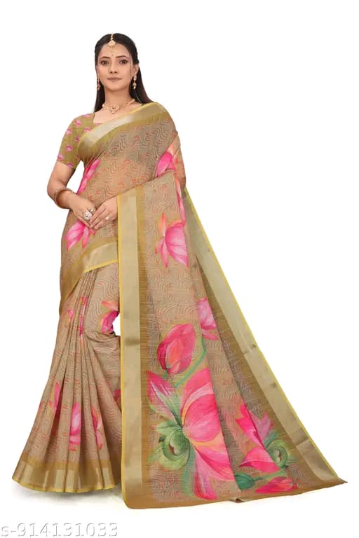 Women Cotton Linen Digital Print Saree