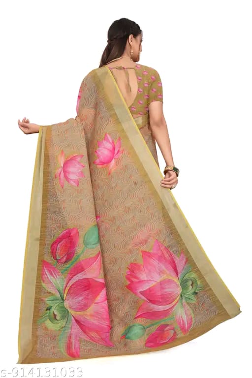 Women Cotton Linen Digital Print Saree