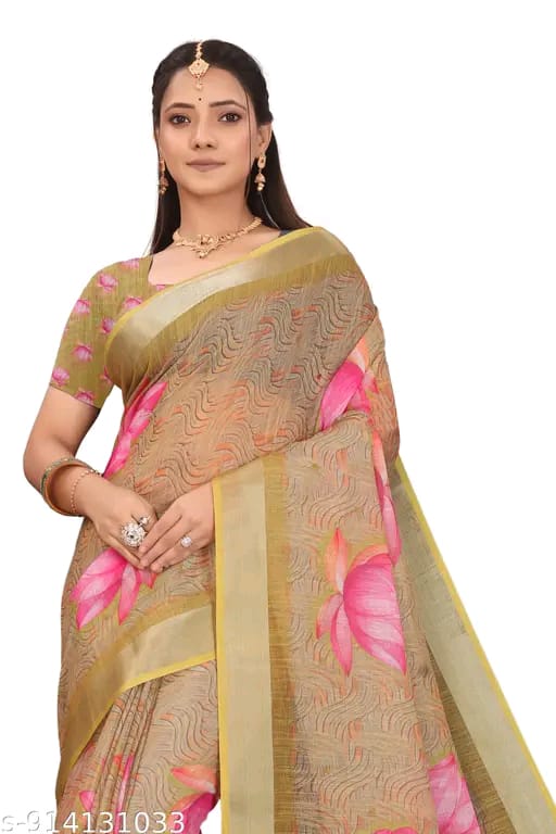 Women Cotton Linen Digital Print Saree
