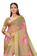Women Cotton Linen Digital Print Saree