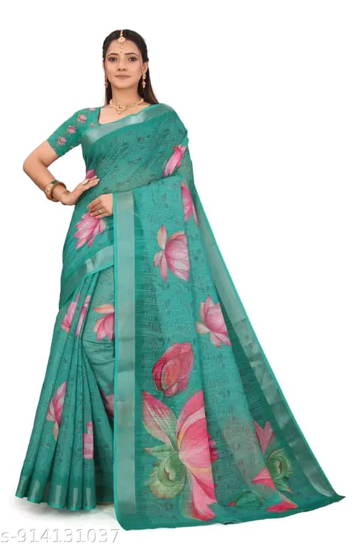 SM Women Cotton Linen Digital Print Saree
