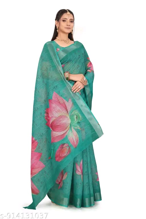SM Women Cotton Linen Digital Print Saree
