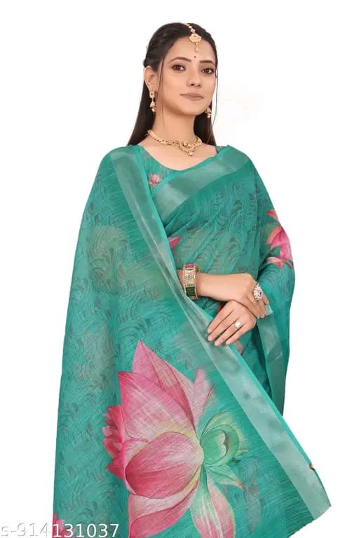 SM Women Cotton Linen Digital Print Saree