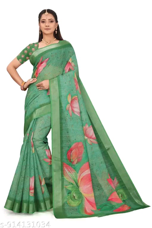 SM Women Cotton Linen Digital Print Saree