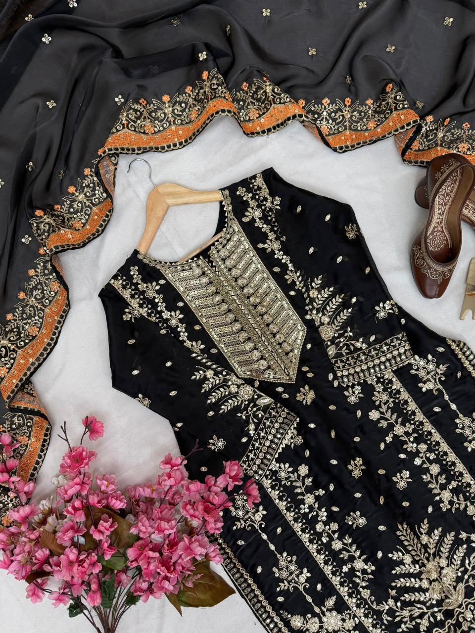 SM Designer Festive GMY Silk Kurti Plazzo Set with Dupatta – Black Edition
