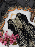 SM Designer Festive GMY Silk Kurti Plazzo Set with Dupatta – Black Edition