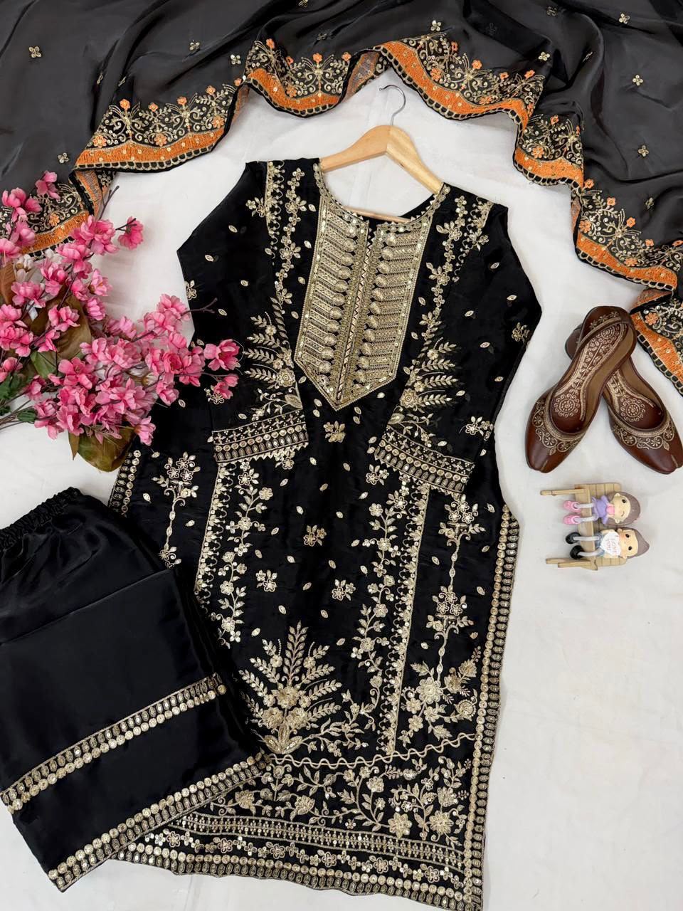 SM Designer Festive GMY Silk Kurti Plazzo Set with Dupatta – Black Edition