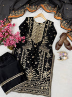 SM Designer Festive GMY Silk Kurti Plazzo Set with Dupatta – Black Edition