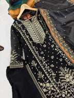SM Designer Festive GMY Silk Kurti Plazzo Set with Dupatta – Black Edition