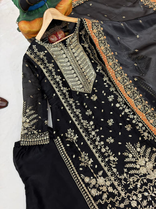 SM Designer Festive GMY Silk Kurti Plazzo Set with Dupatta – Black Edition