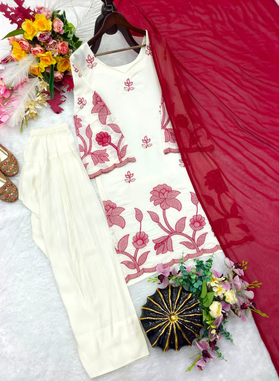 SM Designer Slub Rayon Kurti & Farshi Set with Heavy Embroidery