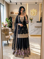 SM Trending Designer Party Wear: 3-Piece Chinon Silk Sharara Set