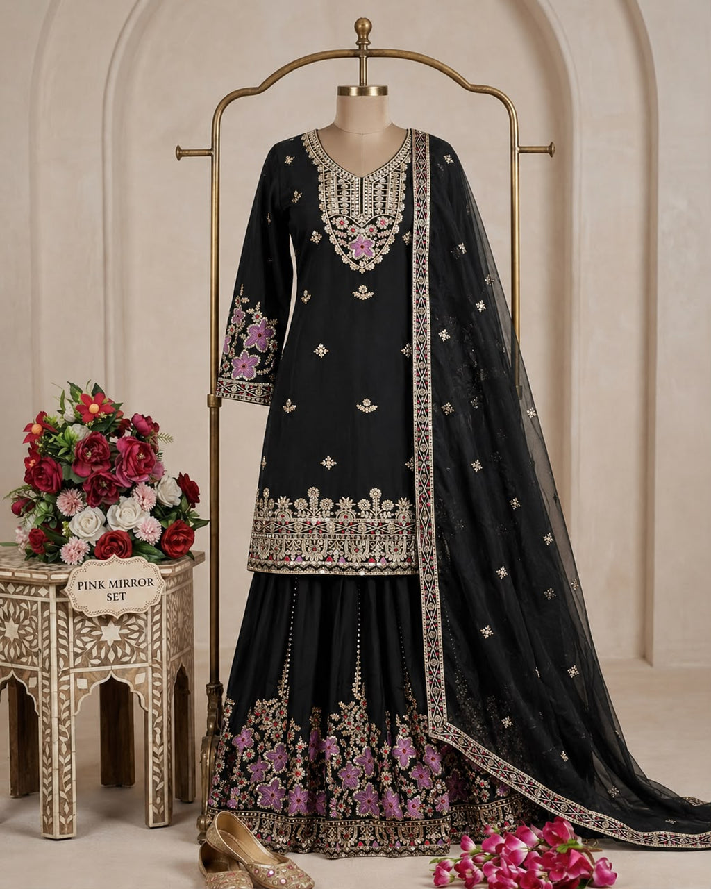 SM Trending Designer Party Wear: 3-Piece Chinon Silk Sharara Set