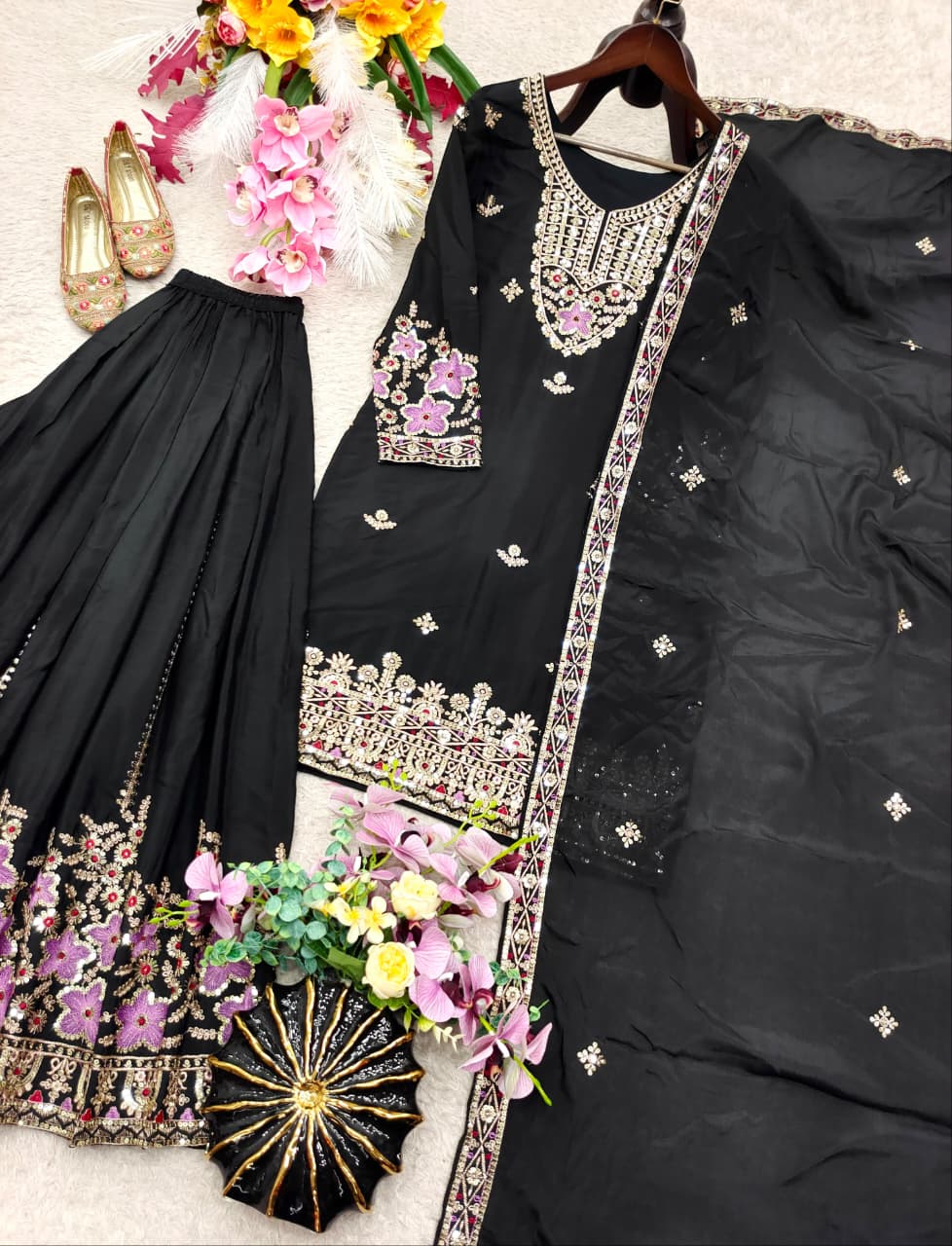 SM Trending Designer Party Wear: 3-Piece Chinon Silk Sharara Set