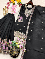 SM Trending Designer Party Wear: 3-Piece Chinon Silk Sharara Set