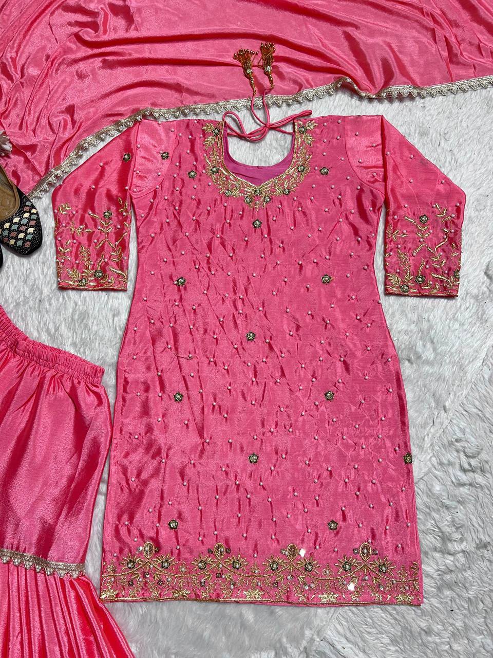 SM Royal Handwork: Pure Chinon Silk Moti Work Sharara Plazo Set