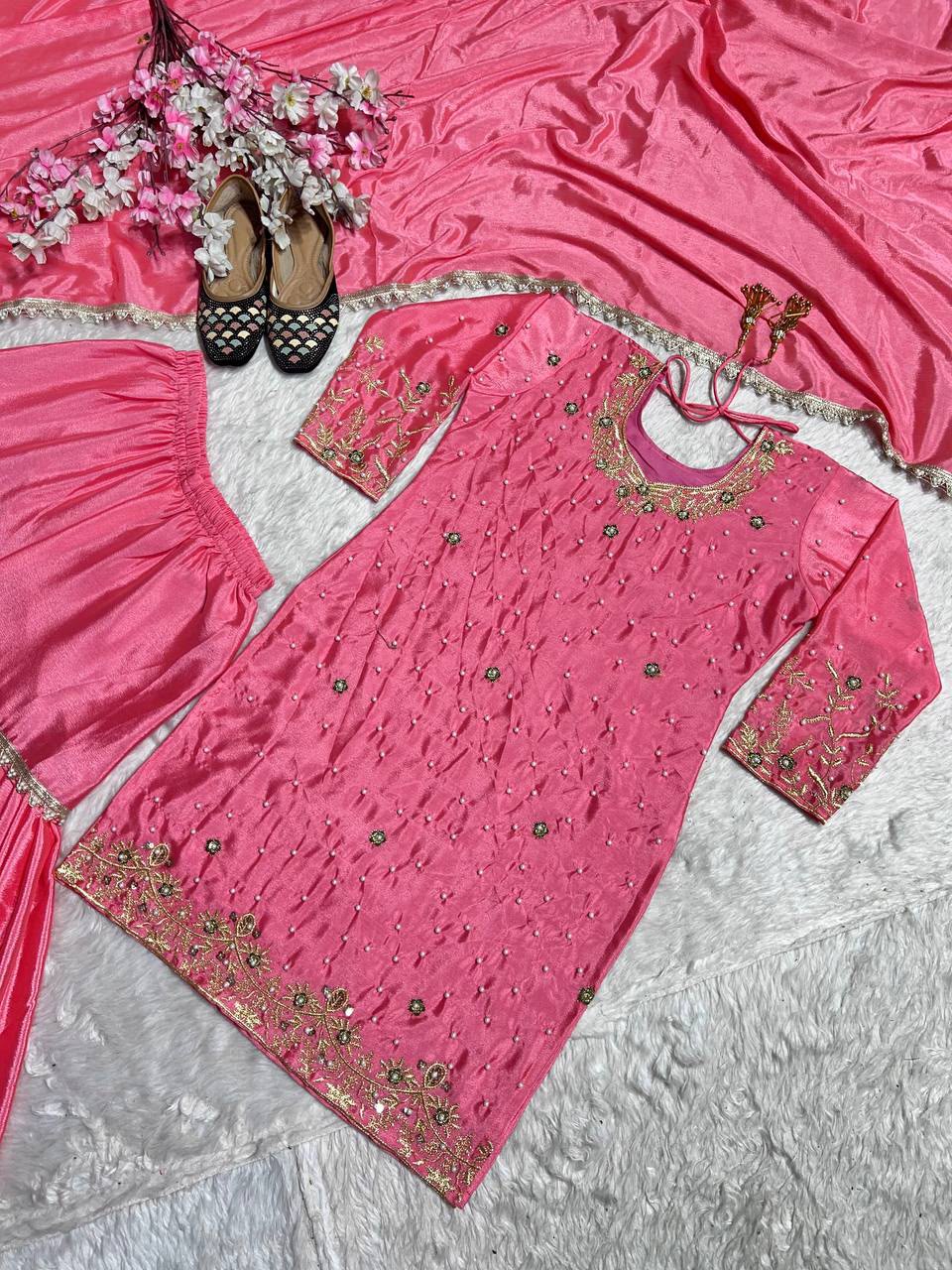 SM Royal Handwork: Pure Chinon Silk Moti Work Sharara Plazo Set