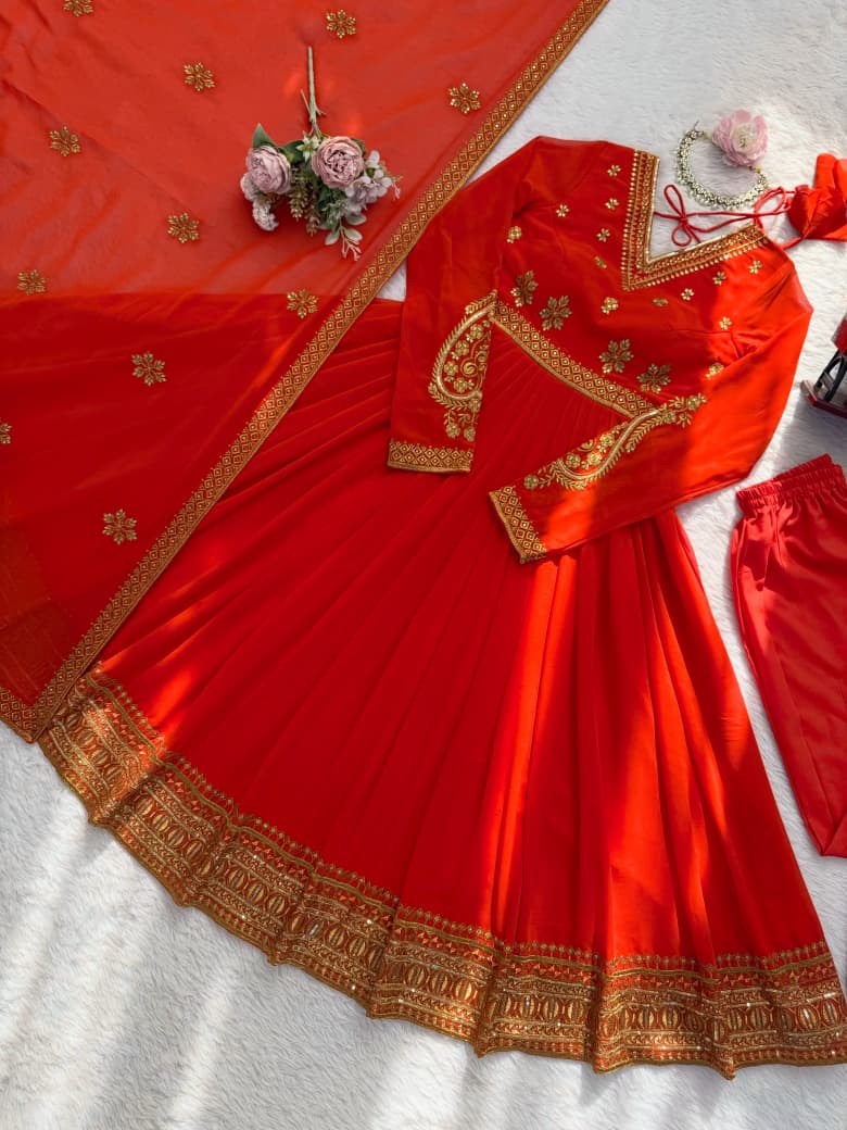 SM Royal Look Georgette Embroidered Anarkali & Pant Set with Heavy Dupatta