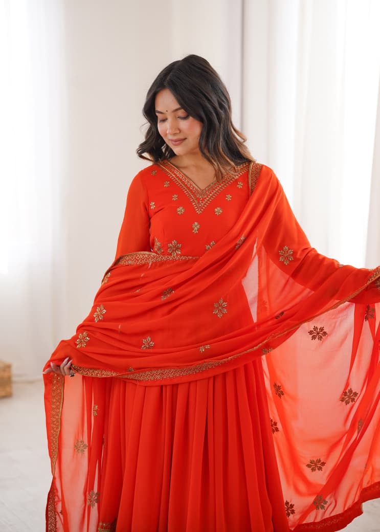 SM Royal Look Georgette Embroidered Anarkali & Pant Set with Heavy Dupatta