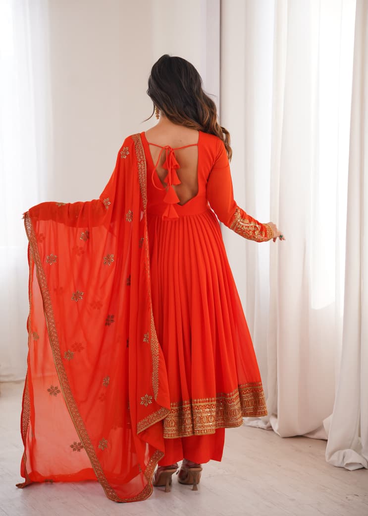 SM Royal Look Georgette Embroidered Anarkali & Pant Set with Heavy Dupatta