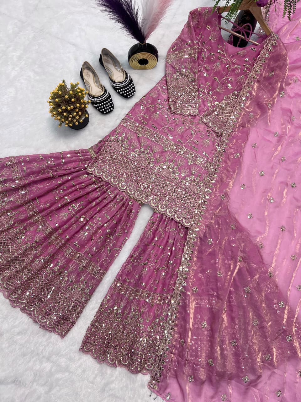 SM Designer Fancy Crushed Silk Sharara Suit Set with 5mm Sequence Embroidery & Dupatta