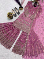 SM Designer Fancy Crushed Silk Sharara Suit Set with 5mm Sequence Embroidery & Dupatta