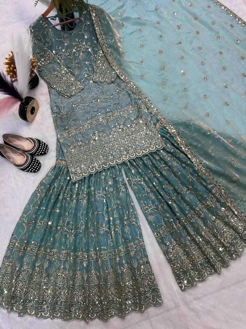 SM Designer Fancy Crushed Silk Sharara Suit Set with 5mm Sequence Embroidery & Dupatta