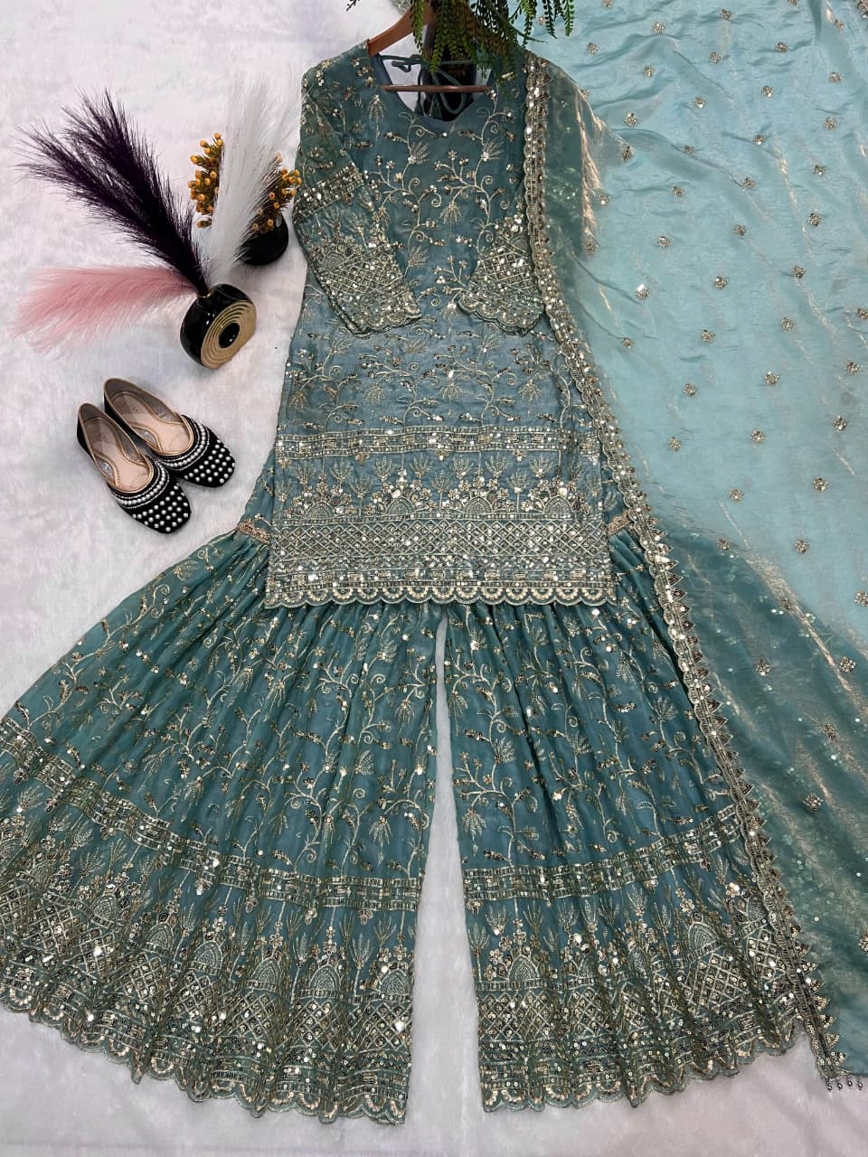 SM Designer Fancy Crushed Silk Sharara Suit Set with 5mm Sequence Embroidery & Dupatta