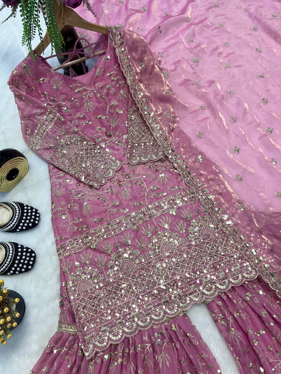 SM Designer Fancy Crushed Silk Sharara Suit Set with 5mm Sequence Embroidery & Dupatta