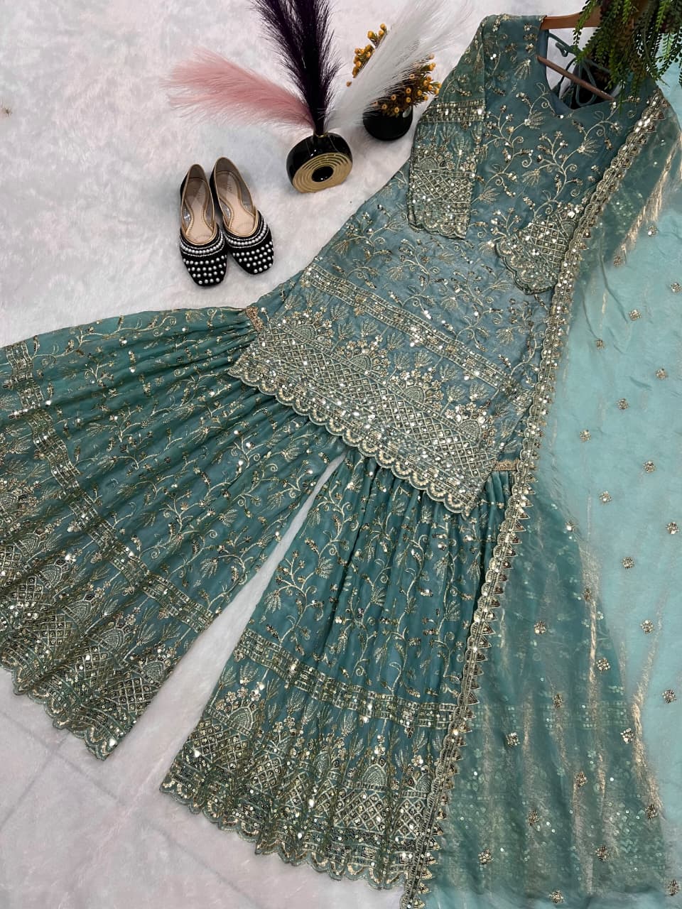 SM Designer Fancy Crushed Silk Sharara Suit Set with 5mm Sequence Embroidery & Dupatta