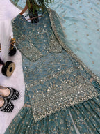 SM Designer Fancy Crushed Silk Sharara Suit Set with 5mm Sequence Embroidery & Dupatta