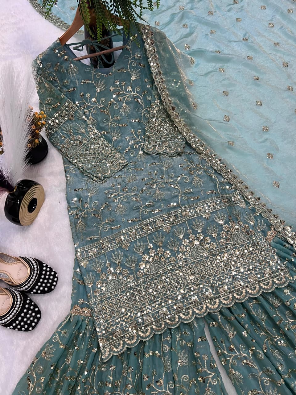 SM Designer Fancy Crushed Silk Sharara Suit Set with 5mm Sequence Embroidery & Dupatta